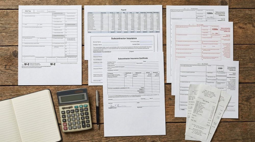 Workers compensation audit preparation documents including W-2 forms payroll records subcontractor certificates of insurance and job classification records for framing contractor annual audit compliance