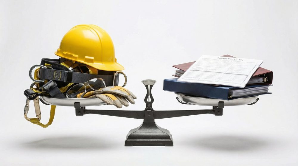Experience modification rate EMR balance scale showing how claims history affects workers compensation premium costs for framing contractors with safety equipment reducing costs