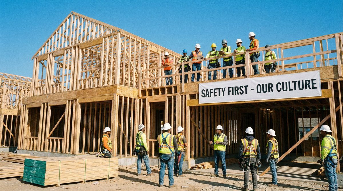 Professional framing crew with safety equipment working on residential construction project demonstrating workers compensation insurance requirements for framing contractors