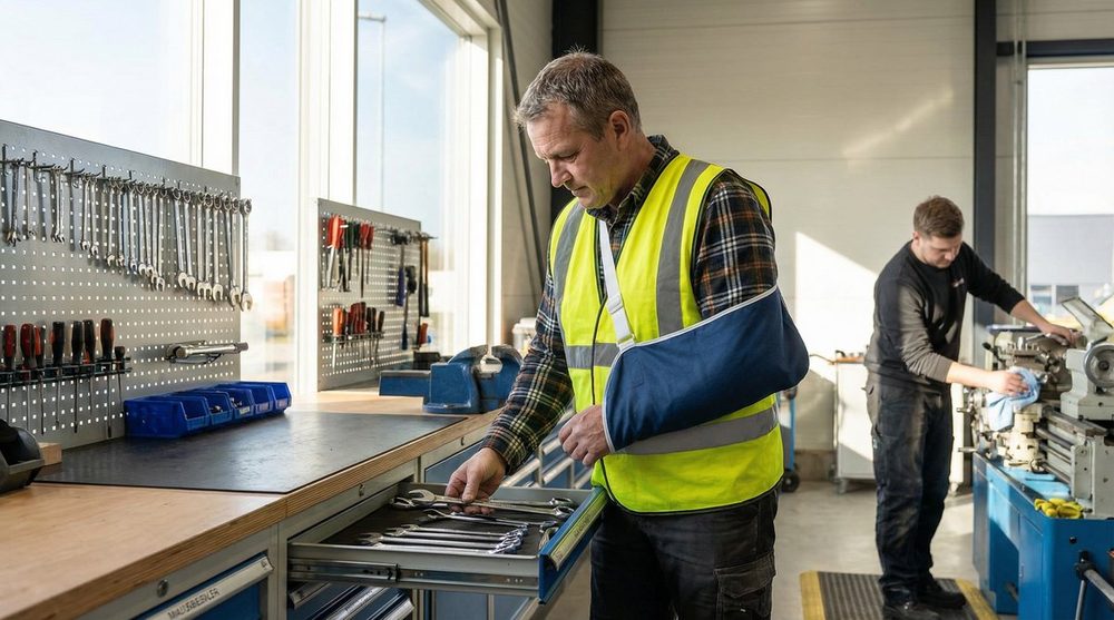 Injured framing worker performing modified duty return-to-work assignment doing tool maintenance and safety equipment inspection to reduce lost-time claim costs and improve experience modification rate