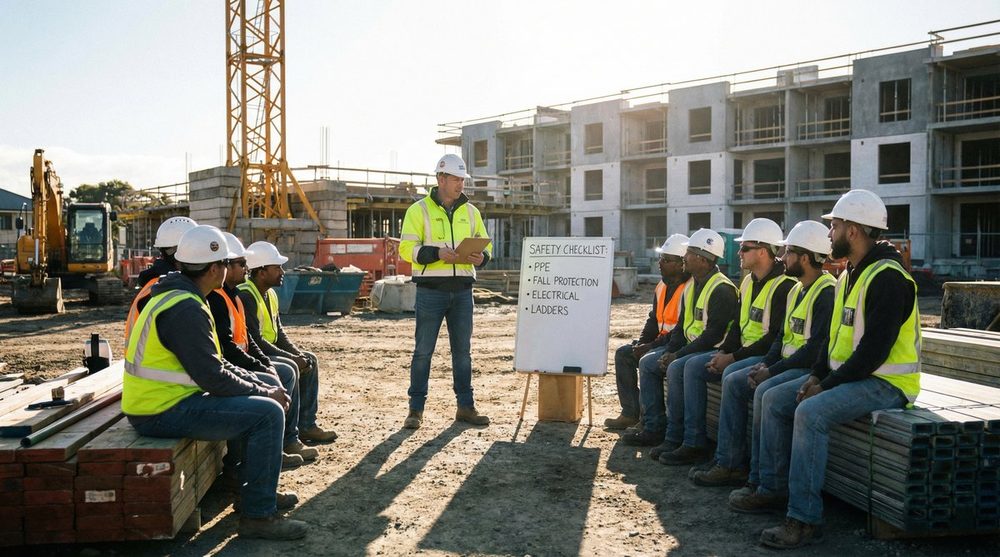 Framing contractor safety program toolbox talk meeting with crew reviewing OSHA fall protection requirements and harness inspection procedures to reduce workers compensation costs
